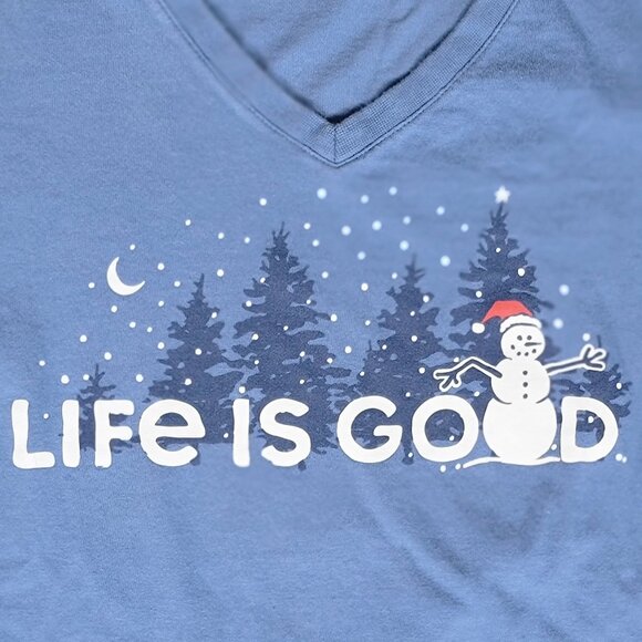 Life is Good Vintage Blue V-Neck Snowman Landscape Long Sleeve Crusher Tee - L - Picture 2 of 10